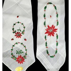 2 Christmas Handkerchiefs Hanky Holly Berries Candle Poinsettia Switzerland VTG